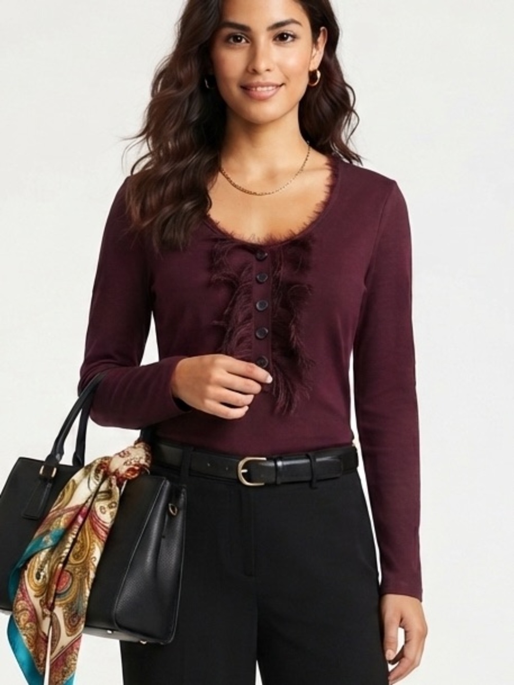 Banana Republic Deep Maroon Fringe Detail Henley Long Sleeve Top M